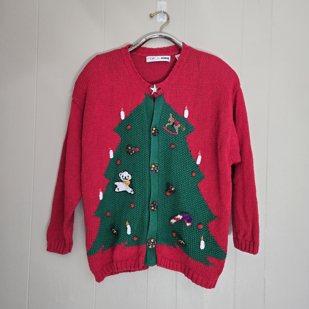 Chaus Women Vintage Christmas Tree Cardigan Sweater Red Green Button Ornament 2X
